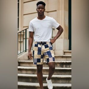 NWT Fresh Prints of Bel Air SZ XL navy/tan/white patchwork print shorts